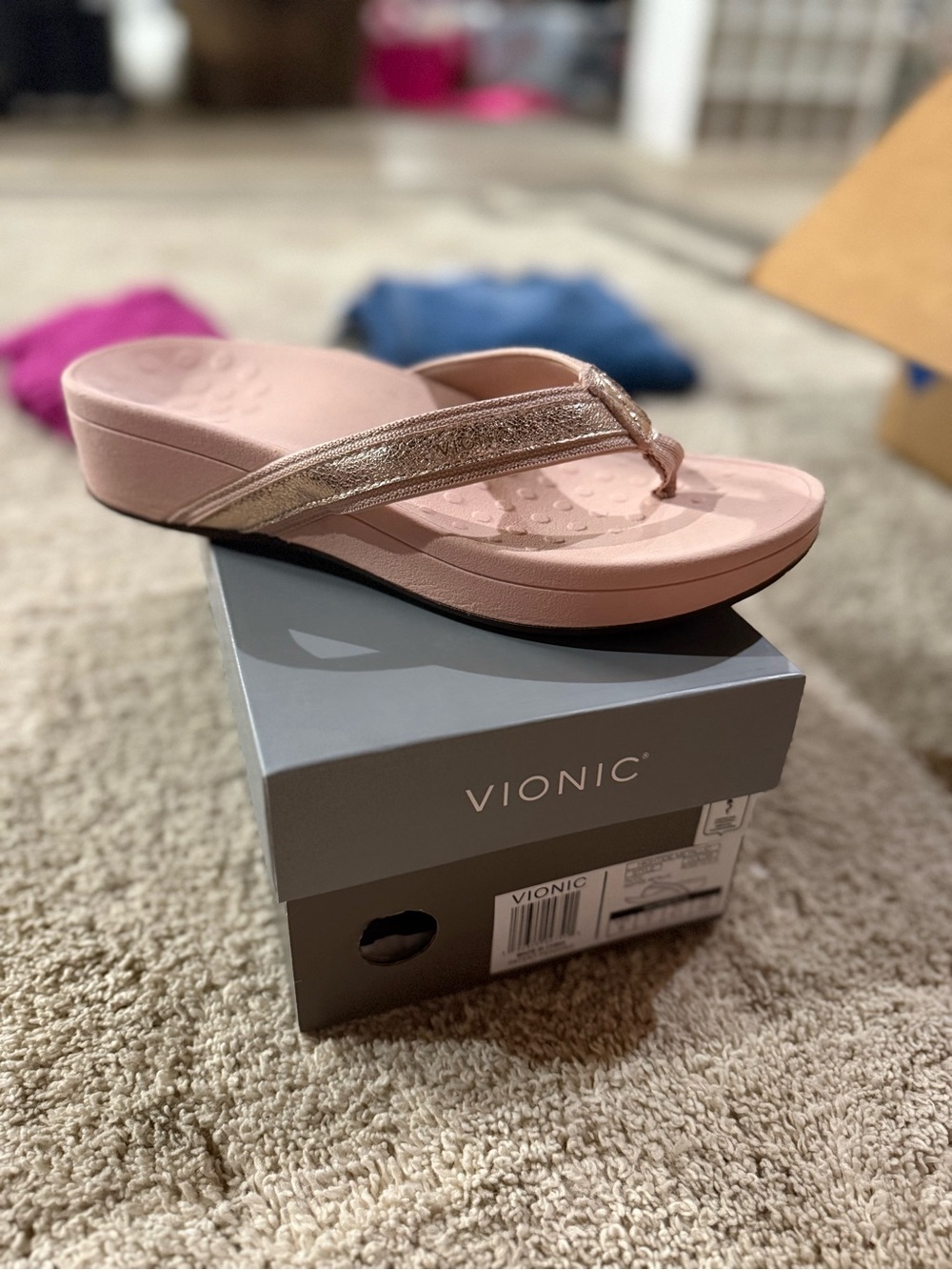 Vionic Pink Wedge Sandal with Metallic Rose Strap